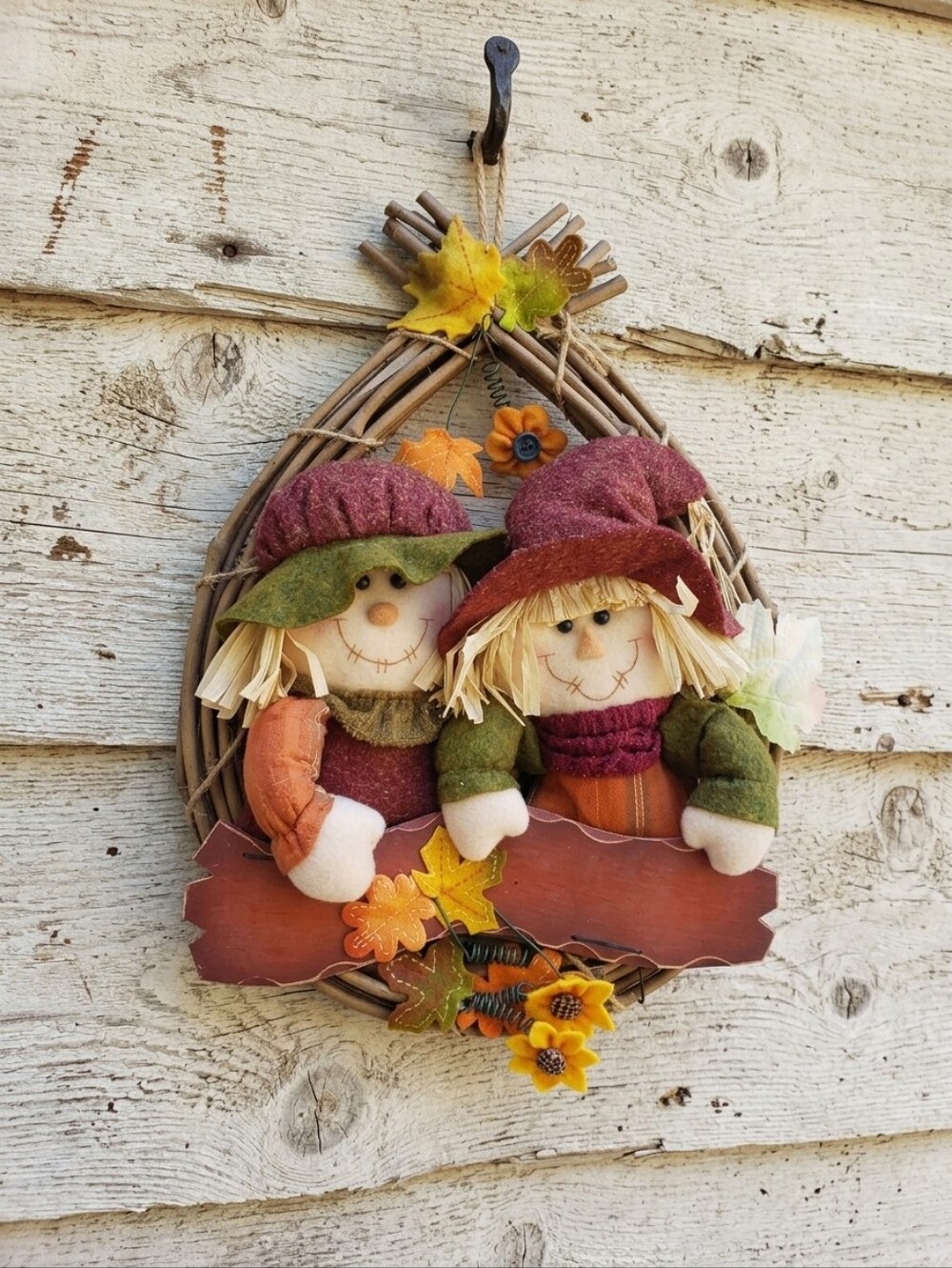 Autumn Harvest Scarecrow Duo Wall Hanging -Halloween Decor